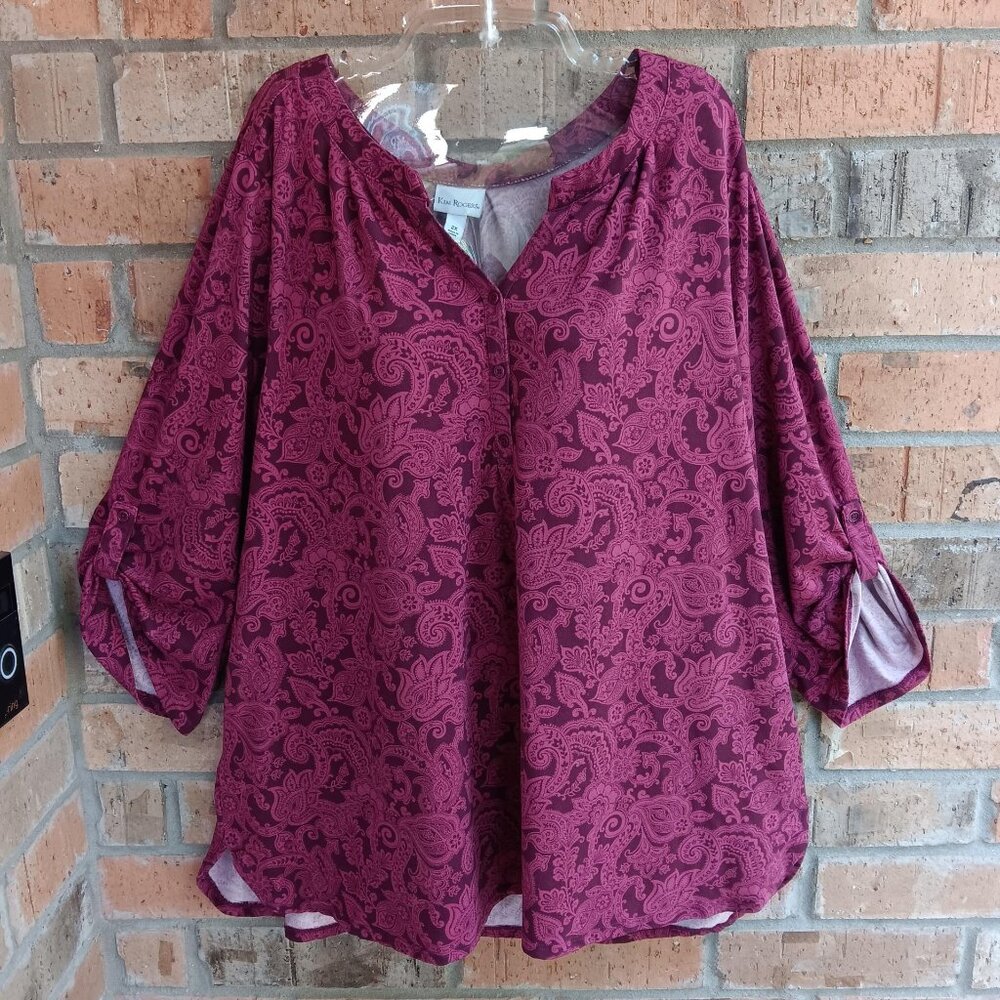 Kim Rogers Womens Top Blouse Popover 3/4 Sleeves Roll Tab Size 2